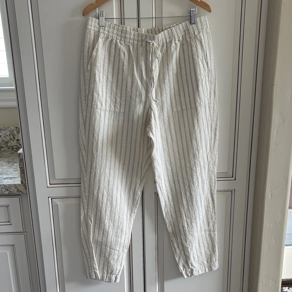 J Crew Linen‎ Cotton Beige Cream Striped Pull On Pants Beach Women’s Large Tall